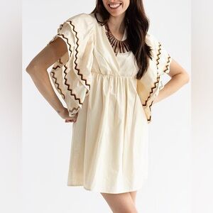 NWT Avara Cream Embroidered Flutter Sleeve Mini Dress